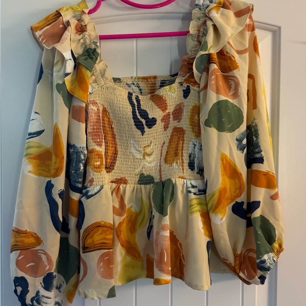 entro Cream Smocked Peplum Blouse with Multicolor Abstract Print